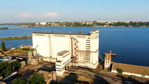 Aerial view of grain elevator builded in 1979 during soviet union. Stock Footage 121315964
