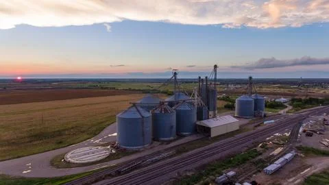 Aerial view of Grain Elevators, Farmland Railroad at Sunset in Prosper, Texas Stock Photos