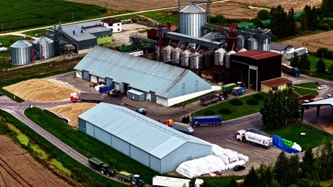 Aerial view of grain processing facility with silos, Latvia. Stock Footage 340824520