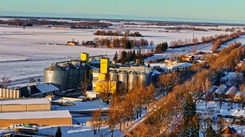Aerial view of grain silo facility in Jelgava, Latvia. Stock Footage 345006249