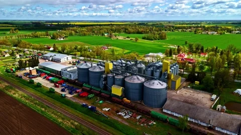 Aerial view of grain silos and railway tracks in Riga, Latvia. Stock Footage 340582807