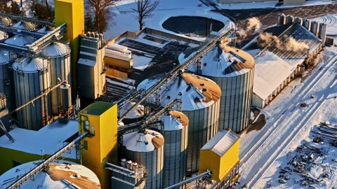 Aerial view of grain silos and industrial facilities in Latvia. Stock Footage 340812336