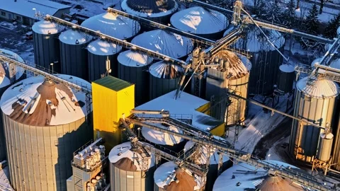 Aerial view of grain silos at a terminal in winter, Latvia. Stock Footage 340812329
