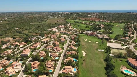 Aerial view of Gramacho and Vale da Pinta, Lagoa, Carvoeiro, Algarve, Portugal Stock Footage 153191734