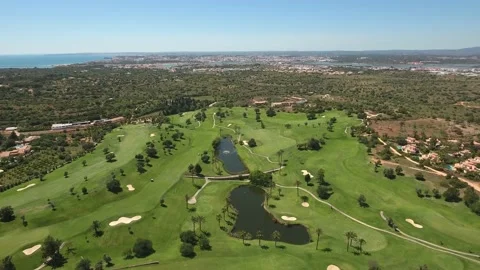 Aerial view of Gramacho and Vale da Pinta, Lagoa, Carvoeiro, Algarve, Portugal Stock Footage 153210871