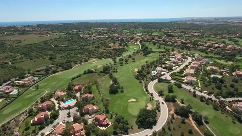 Aerial view of Gramacho and Vale da Pinta, Lagoa, Carvoeiro, Algarve, Portugal Stock Footage 153217185