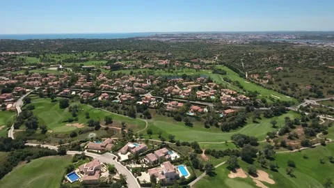 Aerial view of Gramacho and Vale da Pinta, Lagoa, Carvoeiro, Algarve, Portugal Stock Footage 153223080