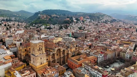 Aerial view of Granada Cathedral and Alhambra fortress in Spain Stock-Footage 344288595