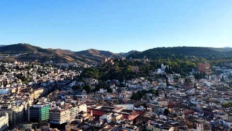 Aerial View of Granada Cityscape and Alhambra Fortress Spain Stock Footage 344580665