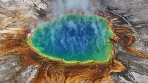 Aerial view of Grand Prismatic Spring in yellowstone national park,usa Stockbeeldmateriaal 334382973