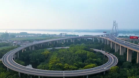Aerial View of the Grand Ring Interchange of Runyang Bridge in Zhenjiang, China Stock Footage 347712102