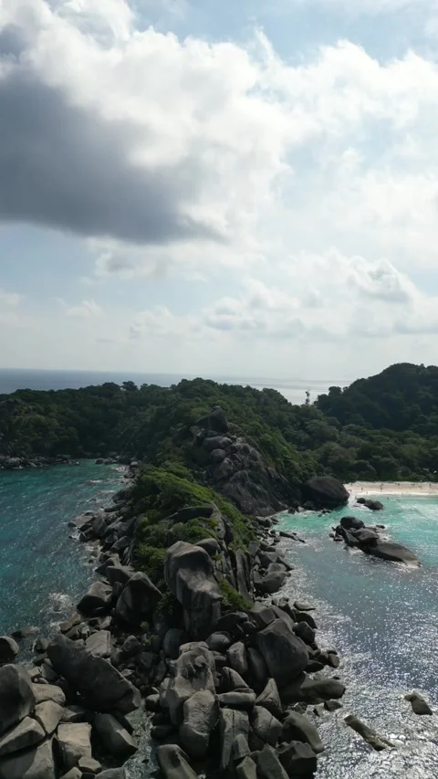 Aerial View of Granite Rocks and Turquoise Ocean at Similan Islands Stock Footage 341008790