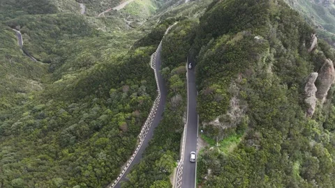 Aerial view of a gray car navigating a winding mountain road surrounded by lush Видео 335877699
