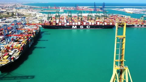 Aerial view of great containers ship docked Stock Footage 138938311