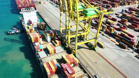 Aerial view of great containers ship docked Stock Footage 139259956