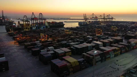 Aerial view of great containers ship docked Stock Footage 143957801
