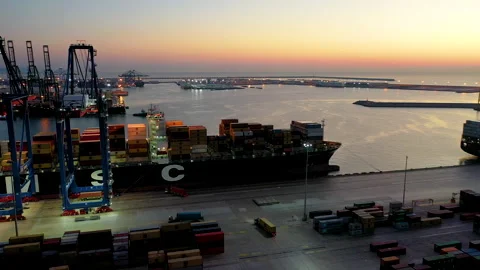 Aerial view of great containers ship docked Stock Footage 143958596
