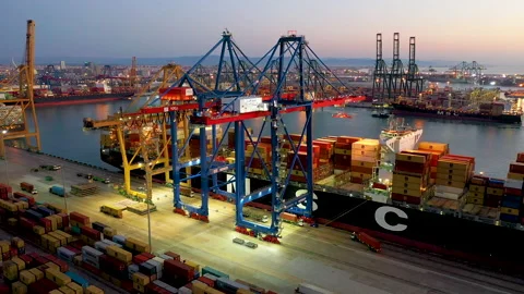 Aerial view of great containers ship docked Stock Footage 143958986