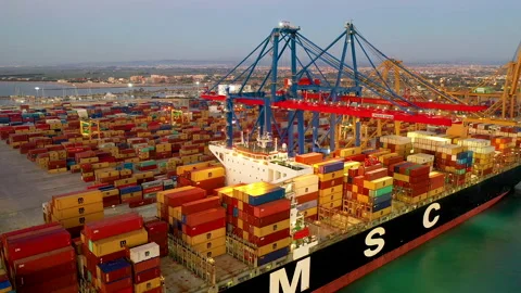 Aerial view of great containers ship docked Stock Footage 143961297