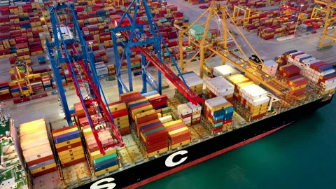 Aerial view of great containers ship docked Stock Footage 143963135