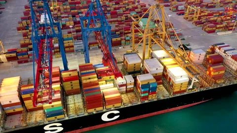 Aerial view of great containers ship docked Stock Footage 143963404