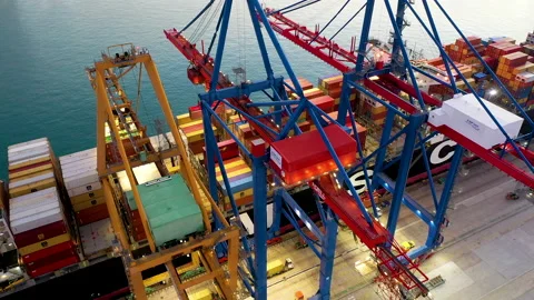 Aerial view of great containers ship docked Stock Footage 143965423