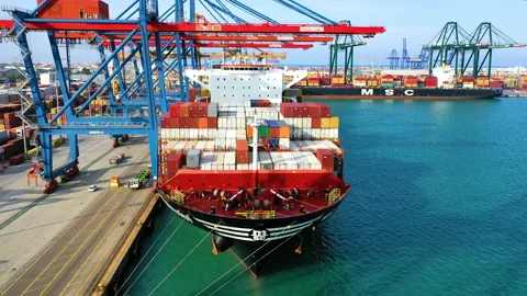 Aerial view of great containers ship docked Stock Footage 167841786