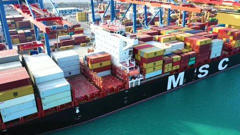 Aerial view of great containers ship docked Stock Footage 167841837