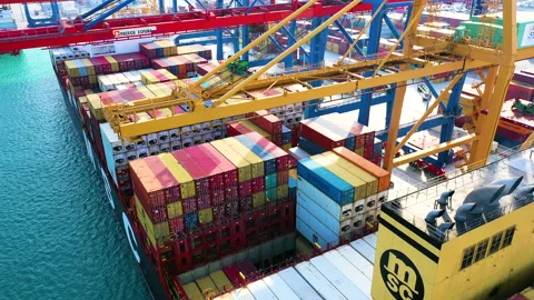 Aerial view of great containers ship docked Stock Footage 167842552