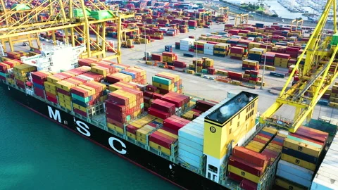 Aerial view of great containers ship docked Stock Footage 167843184