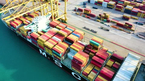 Aerial view of great containers ship docked Stock Footage 167843884