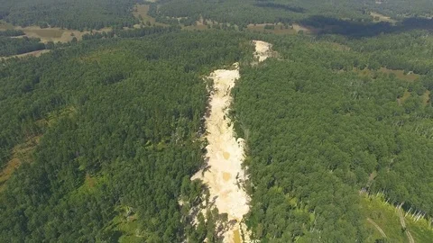 AERIAL: View from a great height to a large quarry, dividing the dense forest. Video stock 78033440