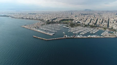 Aerial view from a great height on the largest in Athens yacht Marina Alimos. Stock Footage 98151375