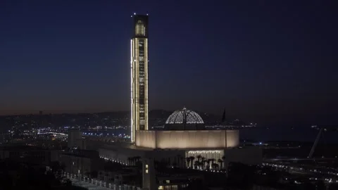 Aerial view of Great Mosque of Algiers at night, Algeria. Stock Footage 340003522