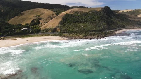Aerial view of Great Ocean Road and coastal beach Stock Footage 336007423