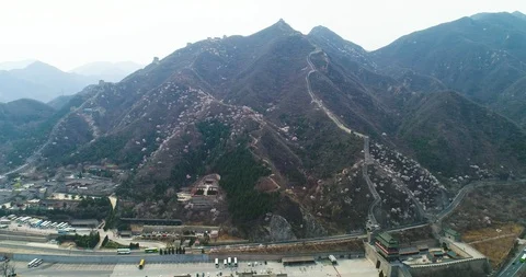 Aerial view of Great Wall with flower in China Stock Footage 92398083