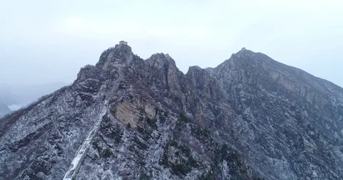 Aerial view of Great Wall in snow in  China Stock Footage 92416375