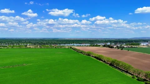 Aerial view of green farm fields and brown soil under blue sky 動画素材 308375629