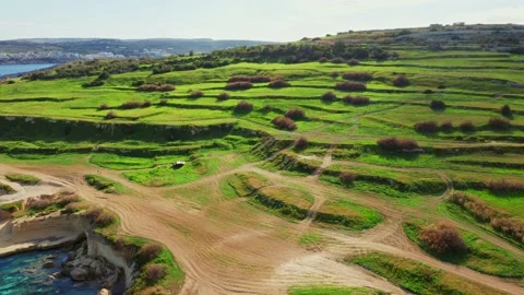 Aerial view of green fields and hills on the Malta island Stock Footage 149030963