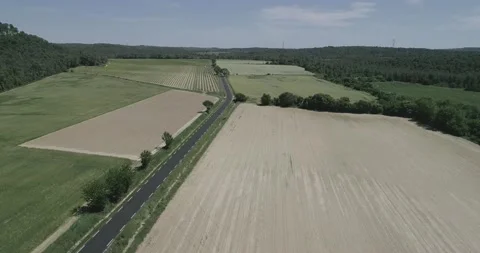 Aerial view of green fields and dry, surrounded by hills, plants and mountains Stock Footage 196810133