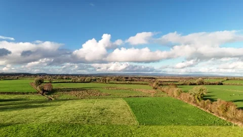 Aerial View of Green Fields and Cloudy Blue Sky in Countryside 스톡 동영상 332738768