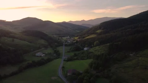 Aerial view of the green fields of the basque country at sunset, northern Spa Stock Footage 199519869