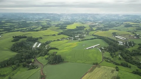 Aerial view of green fields in a cloudy day. South of Brazil. 4K. Stock Footage 233105258