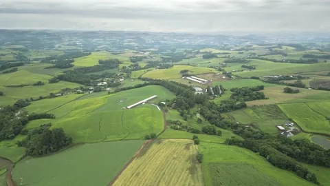 Aerial view of green fields in a cloudy day. South of Brazil. 4K. Stock Footage 233105395