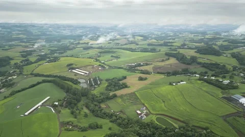 Aerial view of green fields in a cloudy day. South of Brazil. 4K. Video stock 233105399