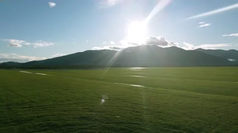 Aerial view of a green flooded fields, backlight and flare, cinematic light Stock-Footage 147880522