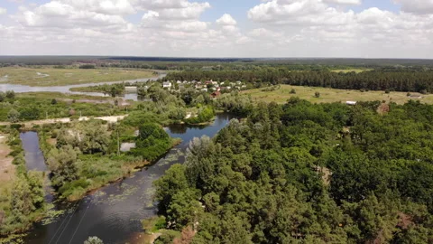 Aerial View, Green Forest, River, Beautiful Landscape, Summer day 動画素材 286318548