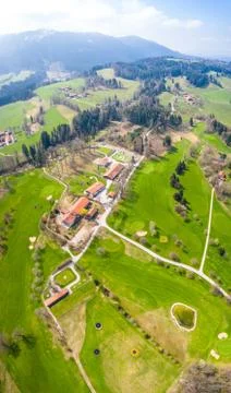 Aerial view of the green golf course. Target at driving Range Stock Photos