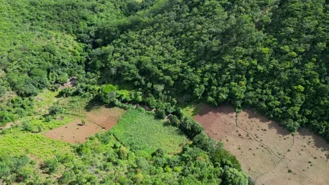Aerial view to Green landscape and valley surrounded by a bowl of high mountains Vídeo Stock 235444341