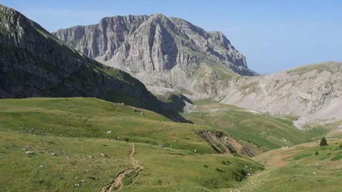 Aerial View of Green Meadow Between Steep Rocky Mountains in Spring Stock Footage 303420057